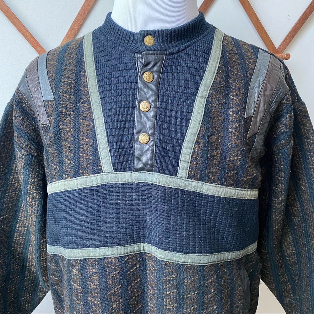 Vintage Thick Knit Sweater With Leather Trim - Picture 2 of 13